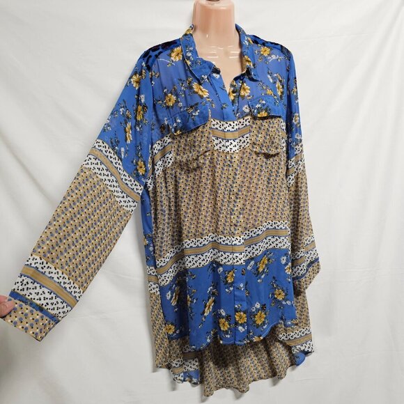 Aratta Silent Journey Women Hi-lo tunic Top Blouse Shirt Size L Floral Button Up - Picture 6 of 14